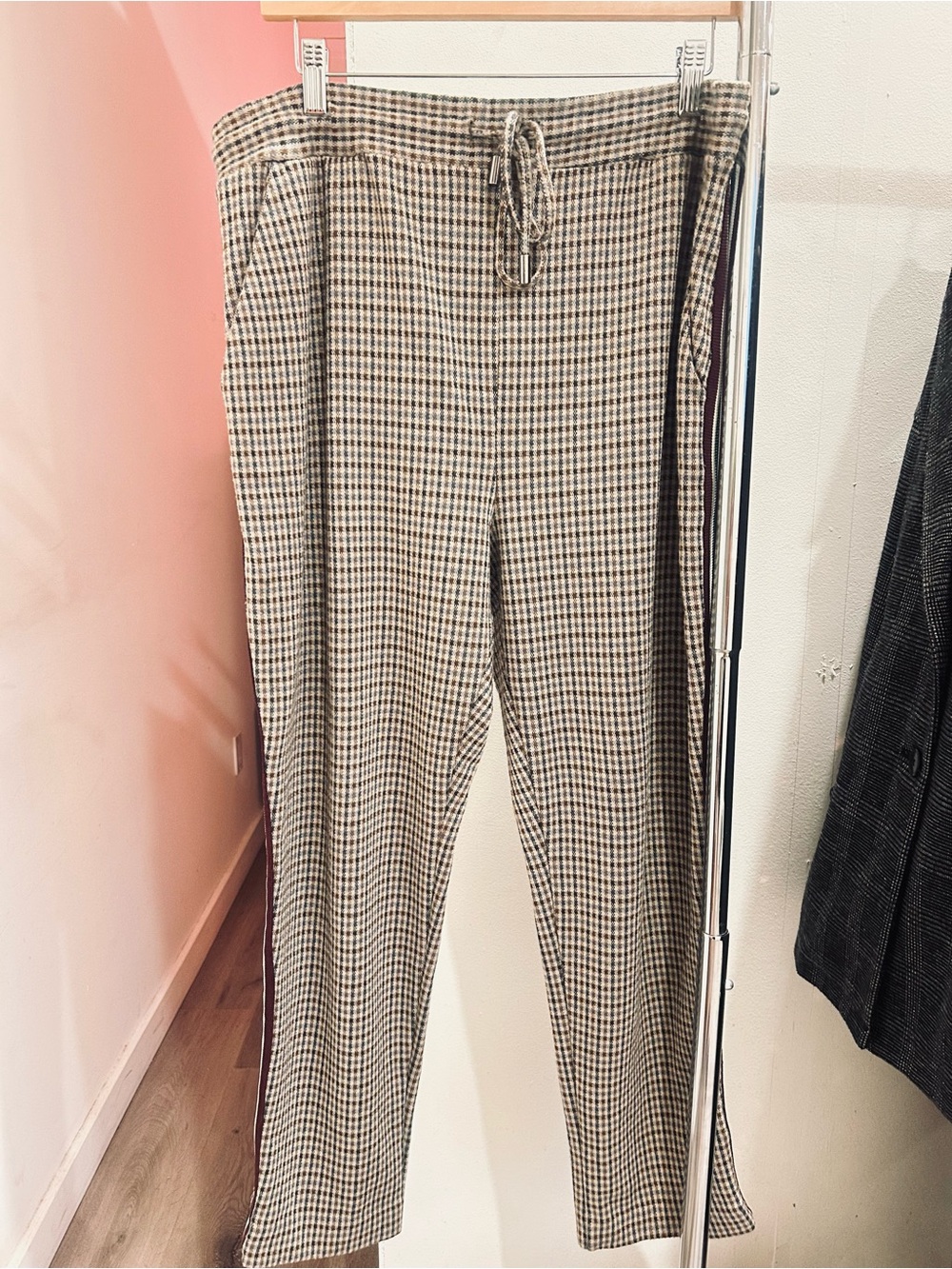 Mauve Beige and Black Checked Drawstring Trousers